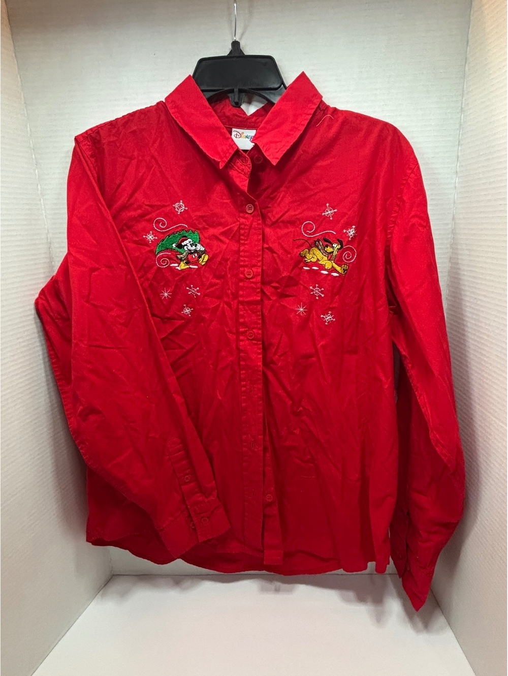Disney red embroidered long sleeve button-up shirt